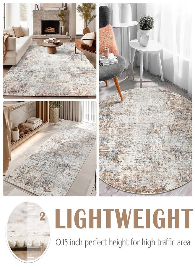 jinchan Round Rug 4ft Modern Area Rug 4' Round Circle Mat Washable Abstract Distressed Floor Cover Taupe Multi Print Contemporary Non-Slip Overdyed Thin Carpet for Entryway Kitchen Living Room - Image 4