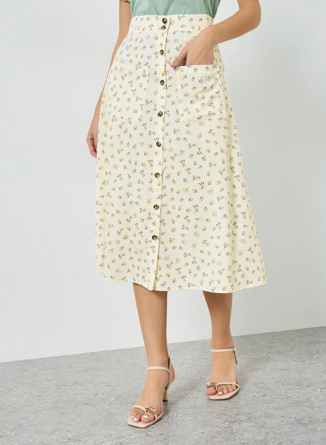 Take Two Beige Ditsy Print Buttoned Front Midi Skirt