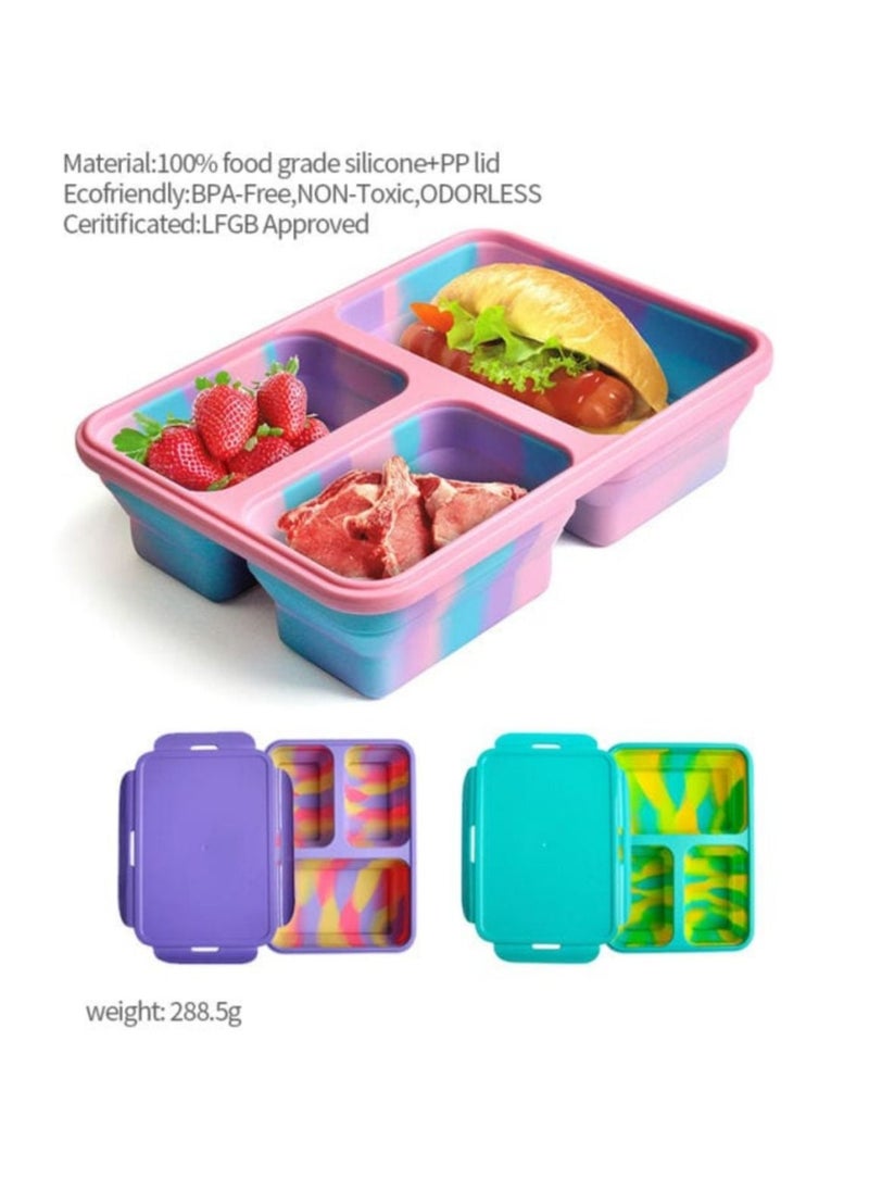 Silicone lunch box-collapsible,3 compartment in pantone color,microwaveable-durable,BPA free,reusable,leak-proof,non toxic,odorless,tasteless food storage container