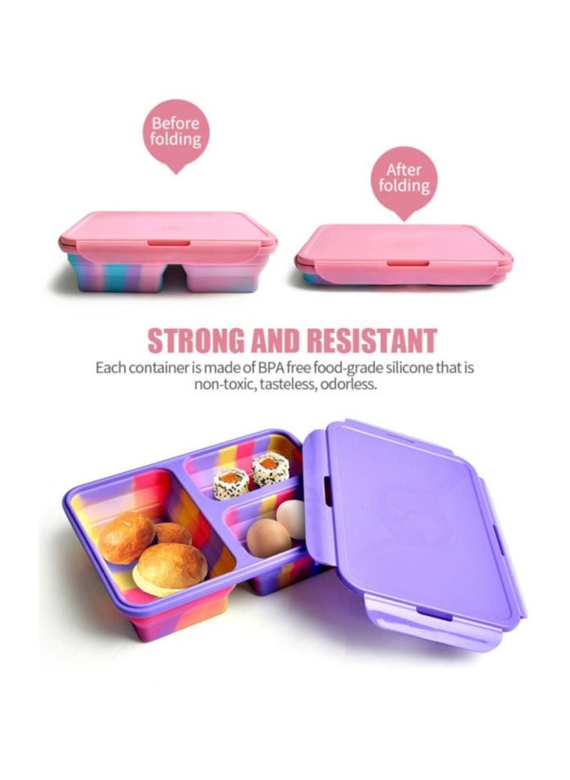 Silicone lunch box-collapsible,3 compartment in pantone color,microwaveable-durable,BPA free,reusable,leak-proof,non toxic,odorless,tasteless food storage container