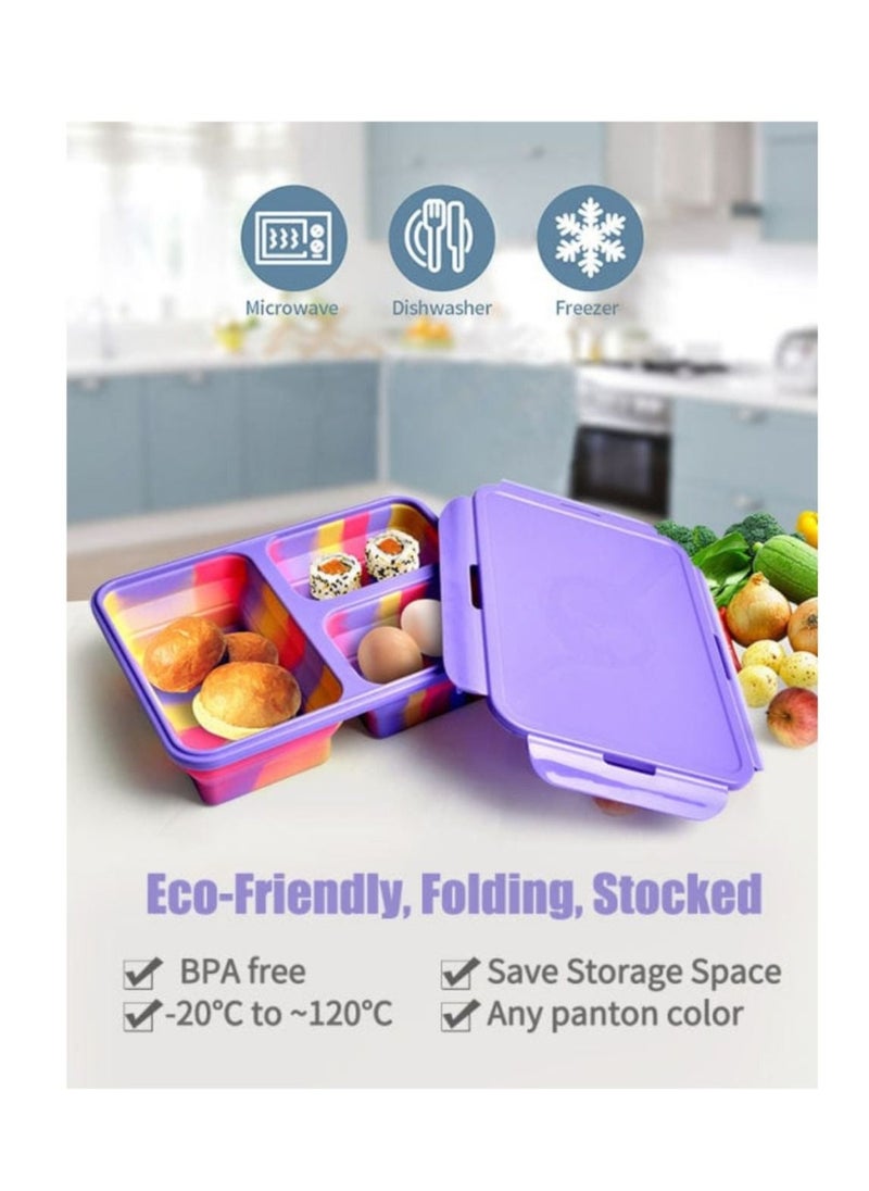 Silicone lunch box-collapsible,3 compartment in pantone color,microwaveable-durable,BPA free,reusable,leak-proof,non toxic,odorless,tasteless food storage container