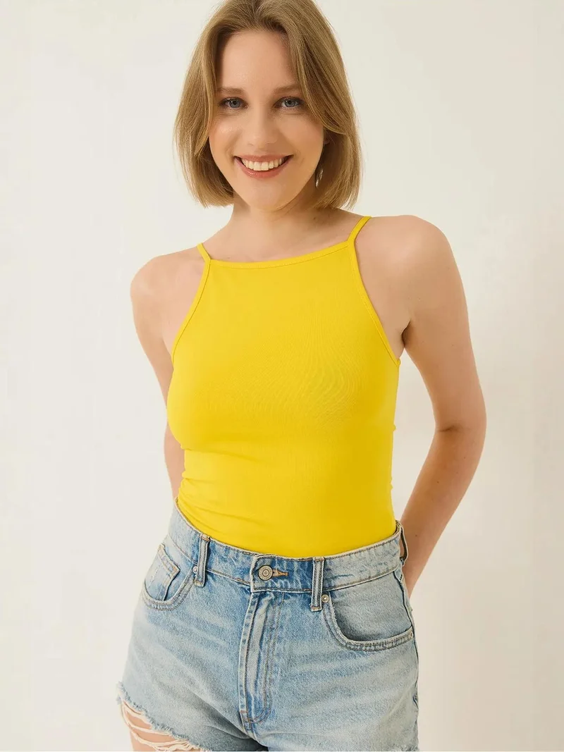 Fitted Cotton Blend Halter Neck Cami Top