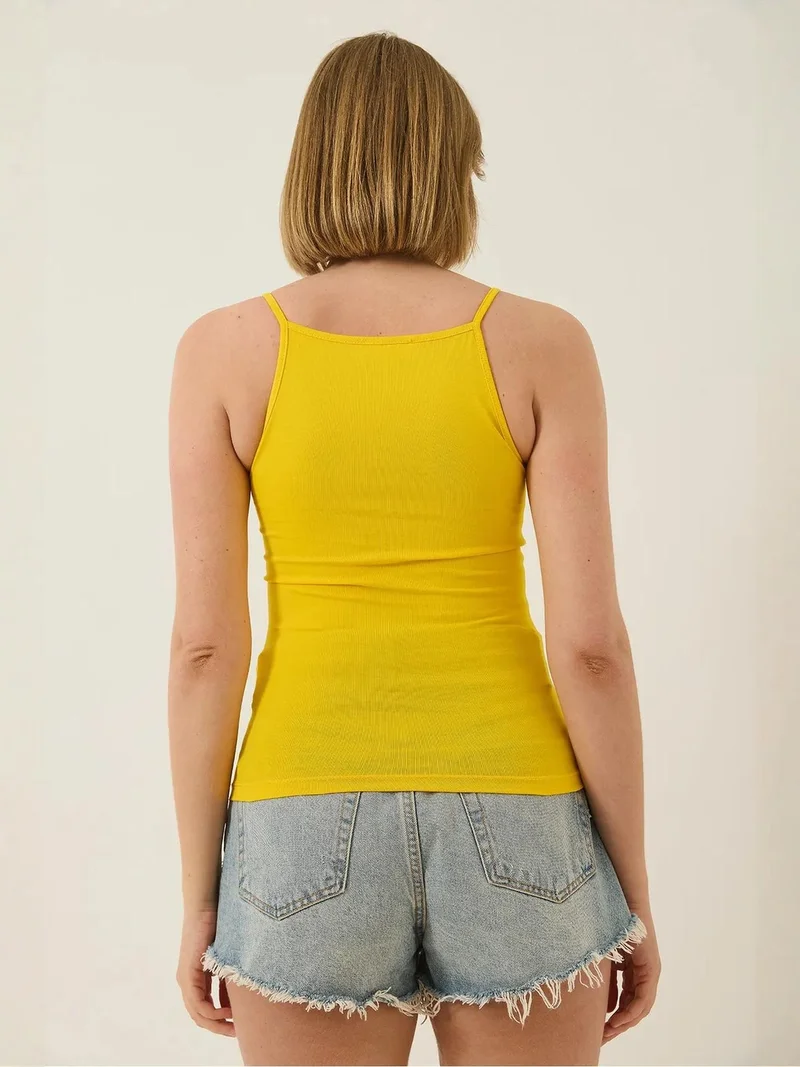 Bianco Lucci Lemon Yellow Fitted Cotton Blend Halter Neck Cami Top for Women | Best Price UAE