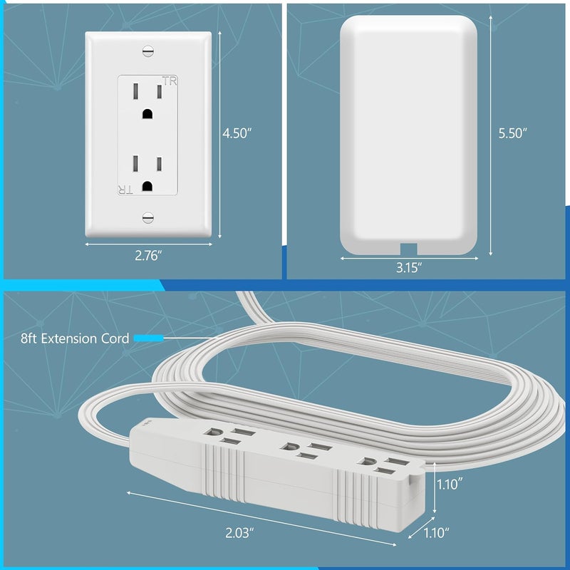 Lider Flat-Face Outlet Extender with 3 Receptacles, Ultra-Thin Wall Plate Plug with Cord Extender and 3-Outlet Power Strip, 8ft Cord, LWE8-315-W, White - Image 2