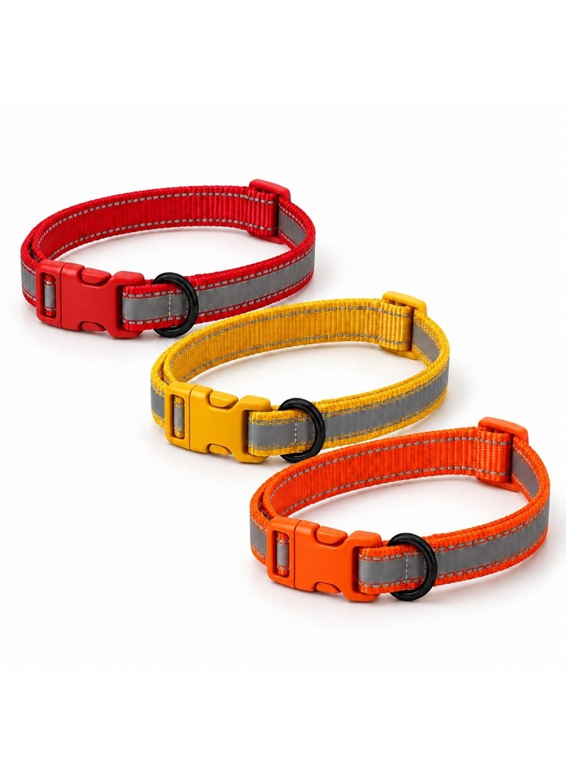 Bravo Reflective Nylon Dog Collar Combo Set of 3, Red Yellow Orange, Adjustable Neck Size up to 35cm (14in) - Image 1