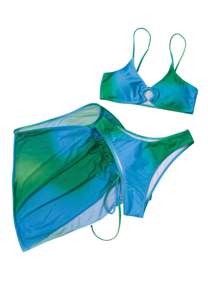 Women's 3 Piece Green Blue Gradient Bikini Set, O-Ring Front Triangle Bikini + High Cut Bottom + Side Ruched Mesh Cover Up Skirt - Image 4
