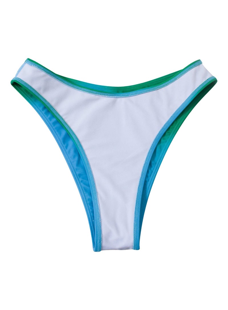 Women's 3 Piece Green Blue Gradient Bikini Set, O-Ring Front Triangle Bikini + High Cut Bottom + Side Ruched Mesh Cover Up Skirt - Image 2