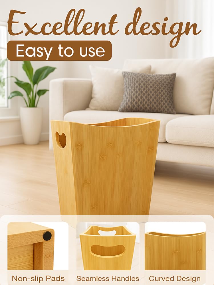 Sholramo Wood Trash Can - Bedroom Trash Can Decorative with Handles - Bamboo Small Wastebaskets for Bathroom - 2 Gallon Rectangular Waste Basket for Office, Living Room, Kitchen Under Counter - Image 3