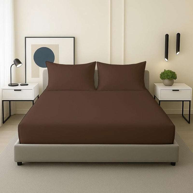 FOAM CRAFT 3 Piece Fitted Sheet Set - Queen Size Brown Cotton Bedding - Image 1