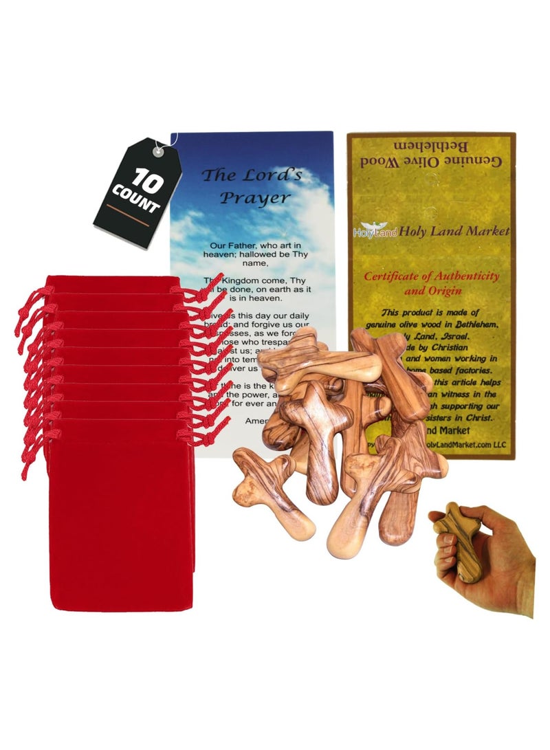 Holy Land Market 10 Olive Wood Holding Hand Crosses with Gift Bags (With Red or Black Velvet Bag ) From Bethlehem - Image 2