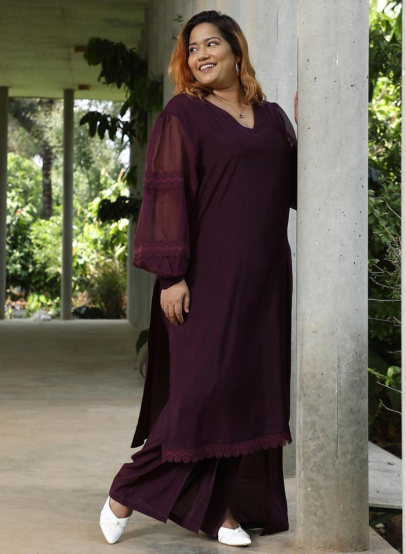 Instafab Plus Women's Grape Purple Solid Flared Kurta Set  - Image 3