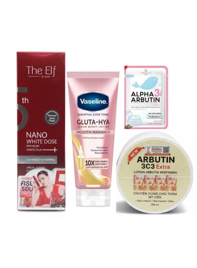 The Elf Whitening Set Nano White Dose Serum ,GLUTA-HYA Smooth Radiance & Alpha Arbutin and Arbutin 3c3 Extra Lotion Arbutin Whitening 300ml