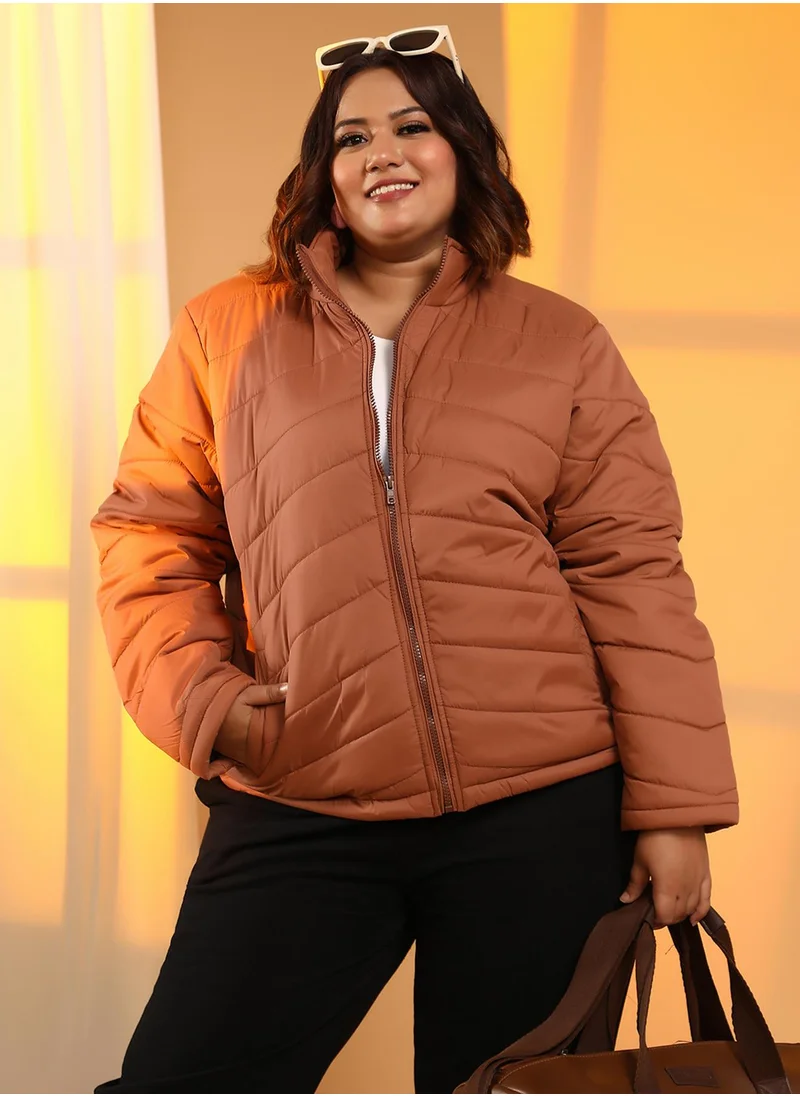 انستافاب بلس Women's Sienna Brown Chevron Quilted Jacket