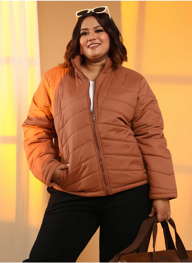 انستافاب بلس Women's Sienna Brown Chevron Quilted Jacket