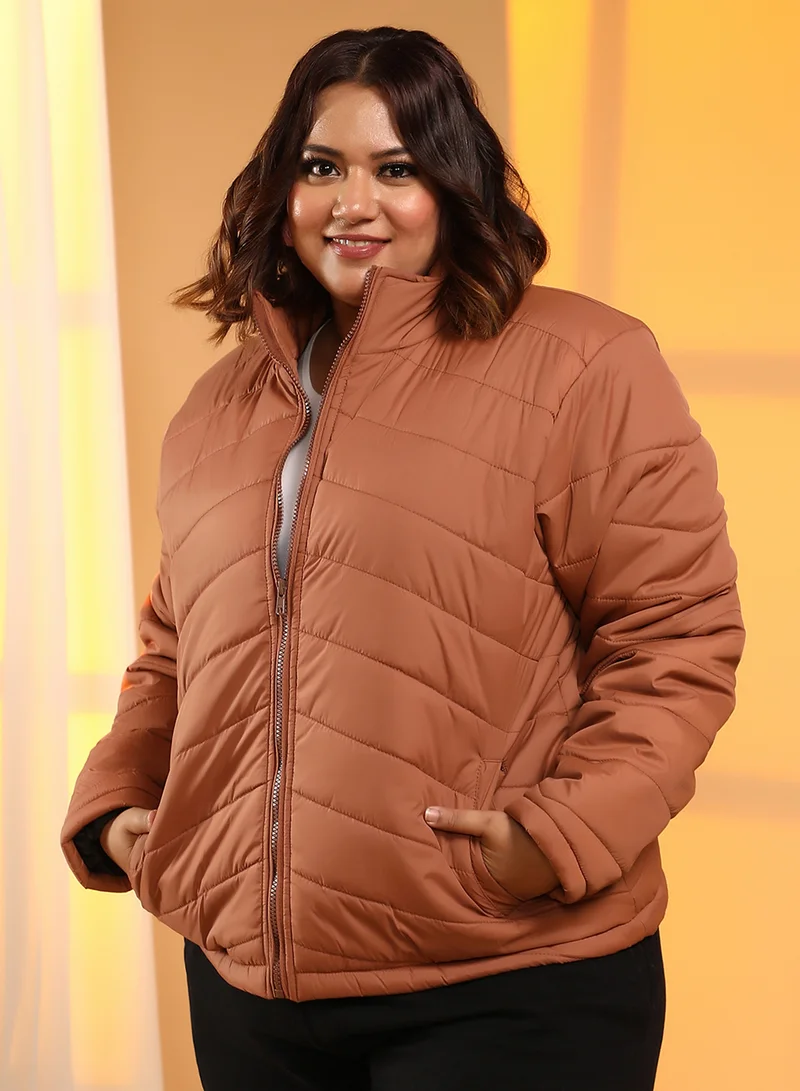 Instafab Plus Women's Sienna Brown Chevron Quilted Jacket
