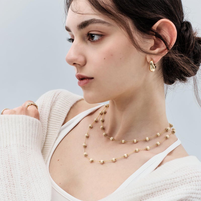 KissYan Long Necklaces for Women, 14K Gold Plated Beaded Gemstone Turquoise Boho Layered Choker, Natural Stone Handmade Sweater Fashion Jewelry Gifts White Fossil - Image 2
