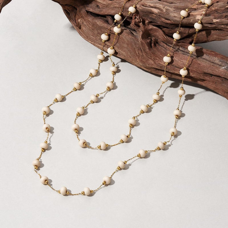 KissYan Long Necklaces for Women, 14K Gold Plated Beaded Gemstone Turquoise Boho Layered Choker, Natural Stone Handmade Sweater Fashion Jewelry Gifts White Fossil - Image 5
