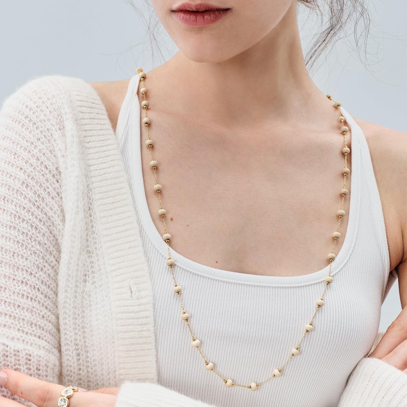 KissYan Long Necklaces for Women, 14K Gold Plated Beaded Gemstone Turquoise Boho Layered Choker, Natural Stone Handmade Sweater Fashion Jewelry Gifts White Fossil - Image 4