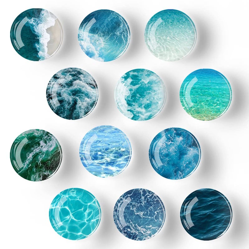 Bamsod 12 PCS Glass Strong Refrigerator Magnets Ocean Pattern Series Whiteboard Magnets for Office Cabinets Round Fridge Stickers Home Kitchen Decor