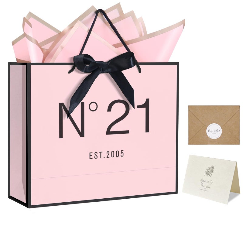QLSKO 13" Birthday Gift Bag with Card Envelope Sticker Bow Ribbon and Tissue papers for Women Girls Design with Handles,13th-100th (EST.2004 21st) - Image 1