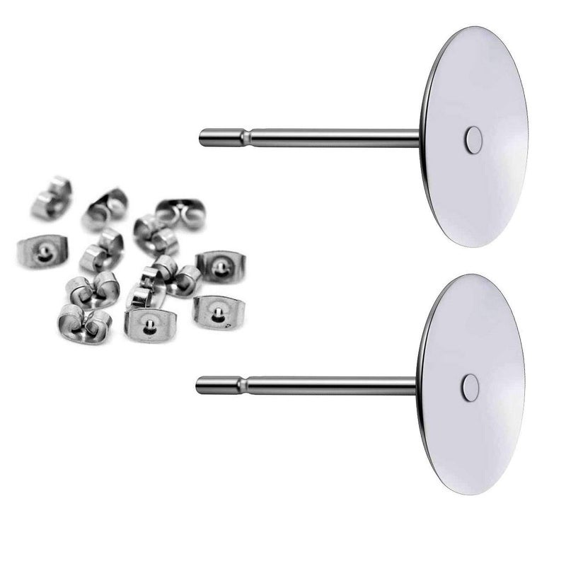 Youdiyla 400pcs Hypoallergenic Stainless Steel Earrings Posts Flat Pad Blank Earring Pin Studs with Butterfly Earring Backs for Jewelry Making Findings (8mm) - Image 1