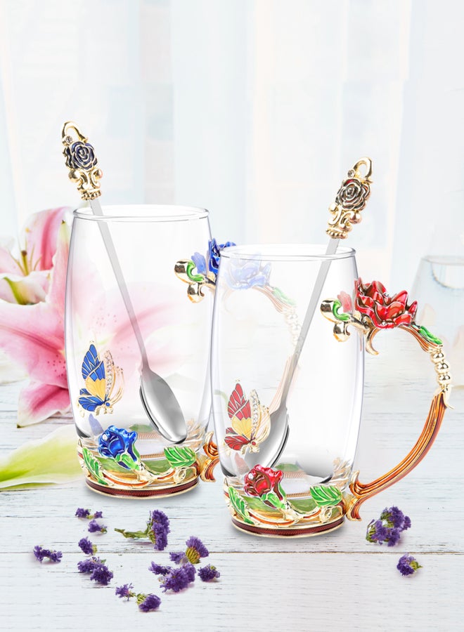 Aiseely Tea Cup Coffee Mug Set With Spoon & Coaster - Beautiful Cappuccino Latte Cups - Clear Insulated Glass Mugs For Hot/Cold Drinks - Fancy Gift For Mom women (Red Butterfly & Rose Tall) - Image 3