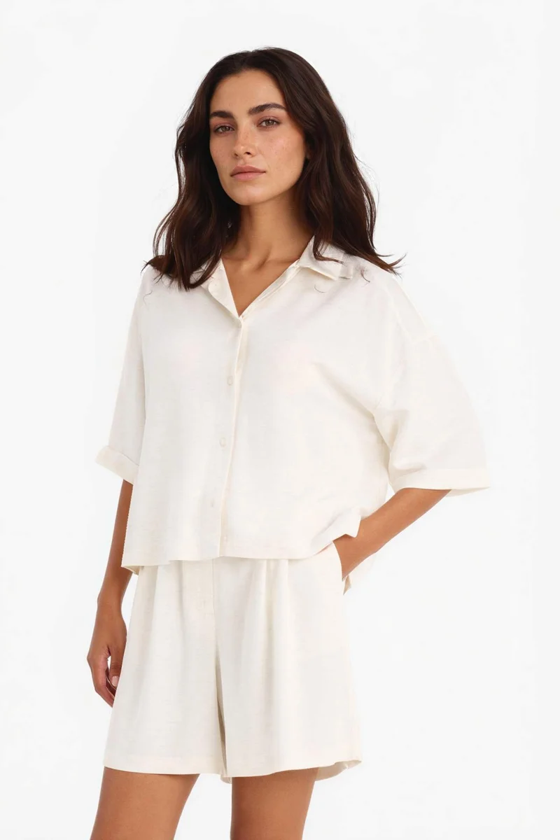 DeFacto Oversize Shirt Collar Linen Blended Short Sleeve Shirt