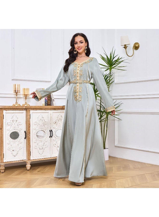Madam Uniq Light Green Long Sleeve V-Neck Muslim Embroidered Caftan Dress - Image 3
