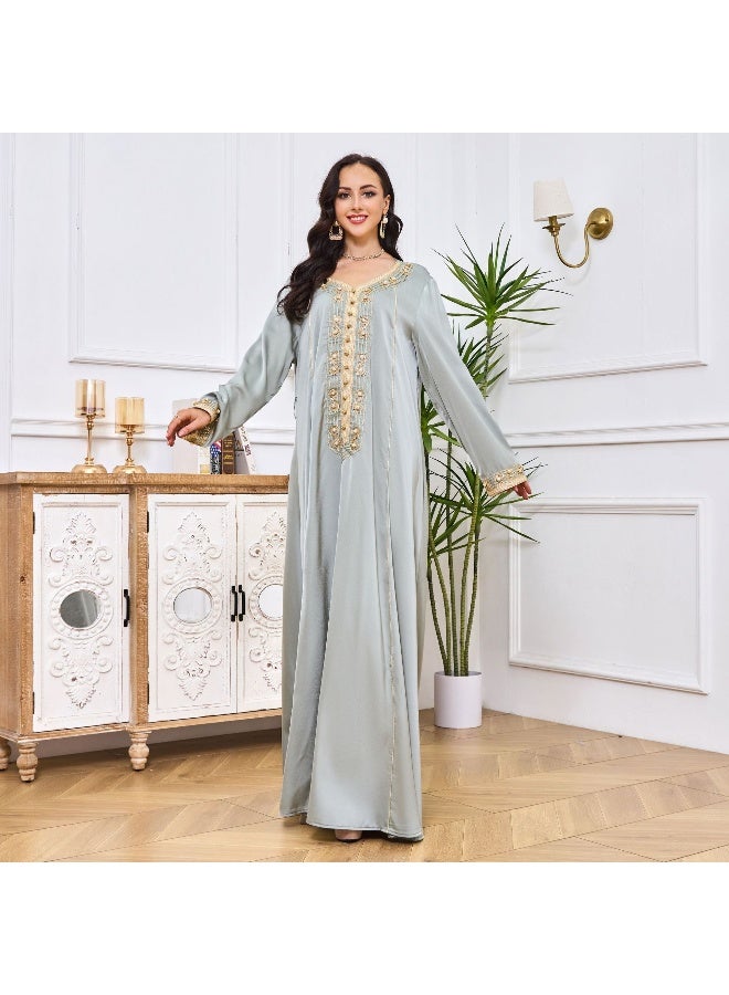 Madam Uniq Light Green Long Sleeve V-Neck Muslim Embroidered Caftan Dress - Image 5