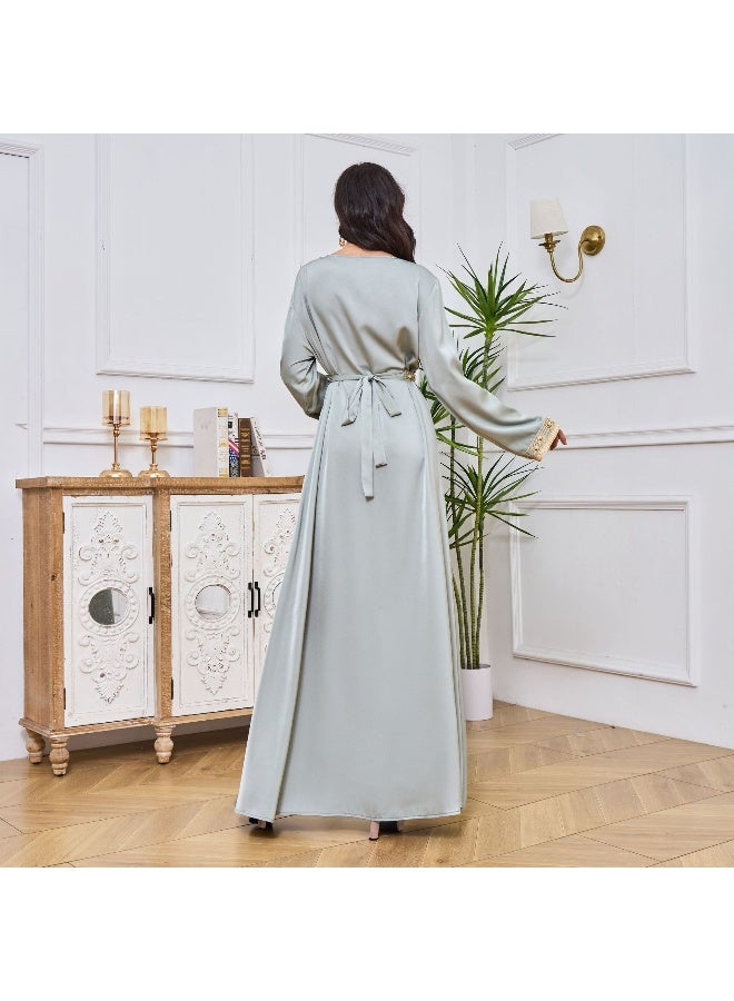 Madam Uniq Light Green Long Sleeve V-Neck Muslim Embroidered Caftan Dress - Image 2