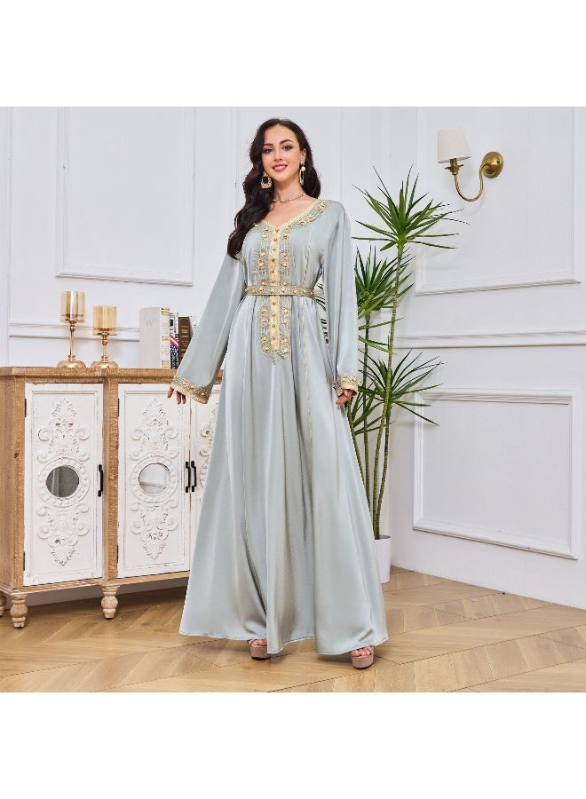 Madam Uniq Light Green Long Sleeve V-Neck Muslim Embroidered Caftan Dress - Image 4