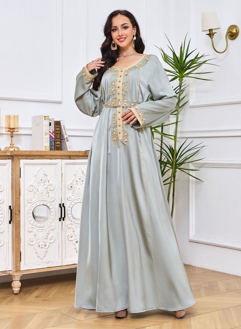 Madam Uniq Light Green Long Sleeve V-Neck Muslim Embroidered Caftan Dress - Image 1