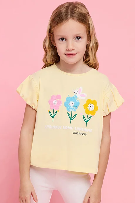 R&B Sequined Top with Crew Neck and Balloon Sleeves