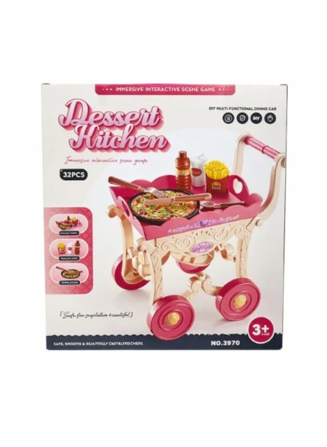 Aspire Books 32-Piece Kids Dessert Kitchen Trolley Play Set – Interactive Pretend Food Cart Toy with Pizza, Fries, and Realistic Accessories for Toddlers - Image 1