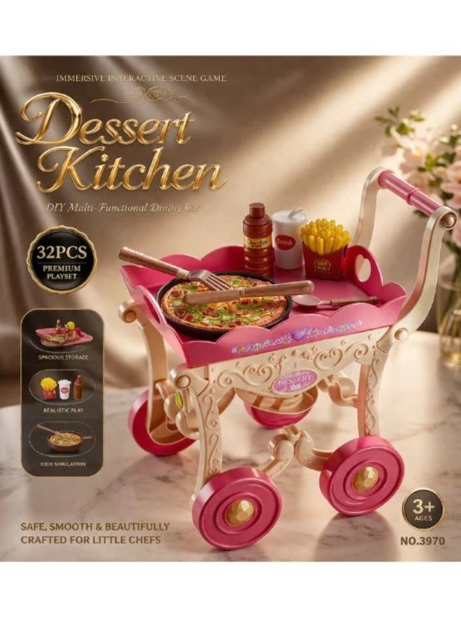 Aspire Books 32-Piece Kids Dessert Kitchen Trolley Play Set – Interactive Pretend Food Cart Toy with Pizza, Fries, and Realistic Accessories for Toddlers - Image 2