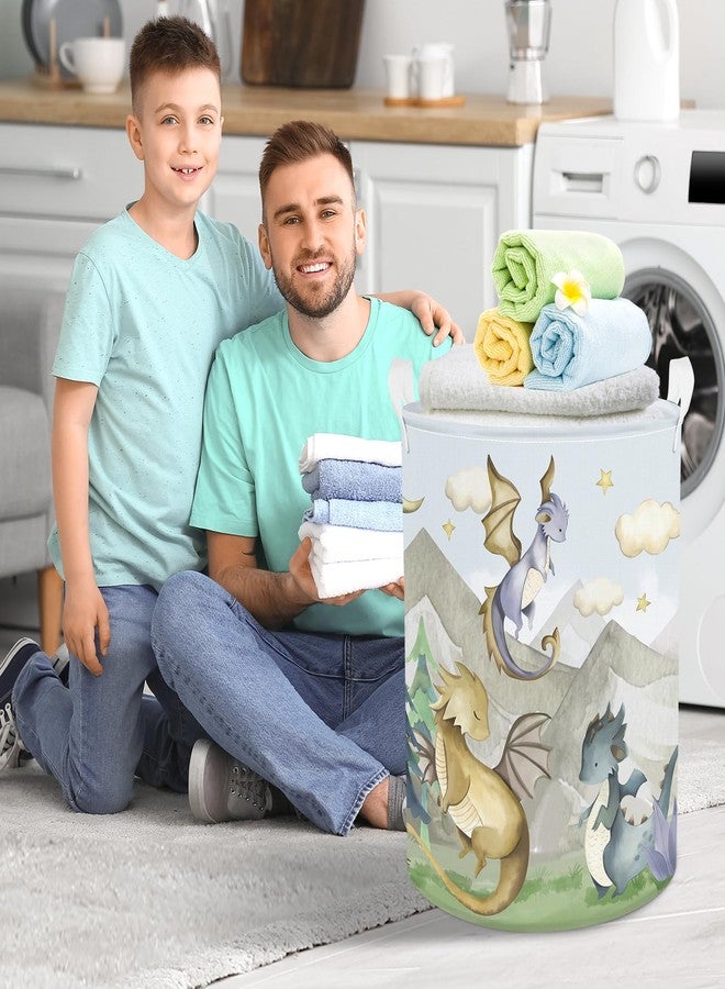 Clastyle 45L Kids Cute Dragon Nursery Hamper Mountain Tree Dirty Clothes Collapsible Laundry Basket Round Cloud Toys Storage Basket with Drawstring - Image 4