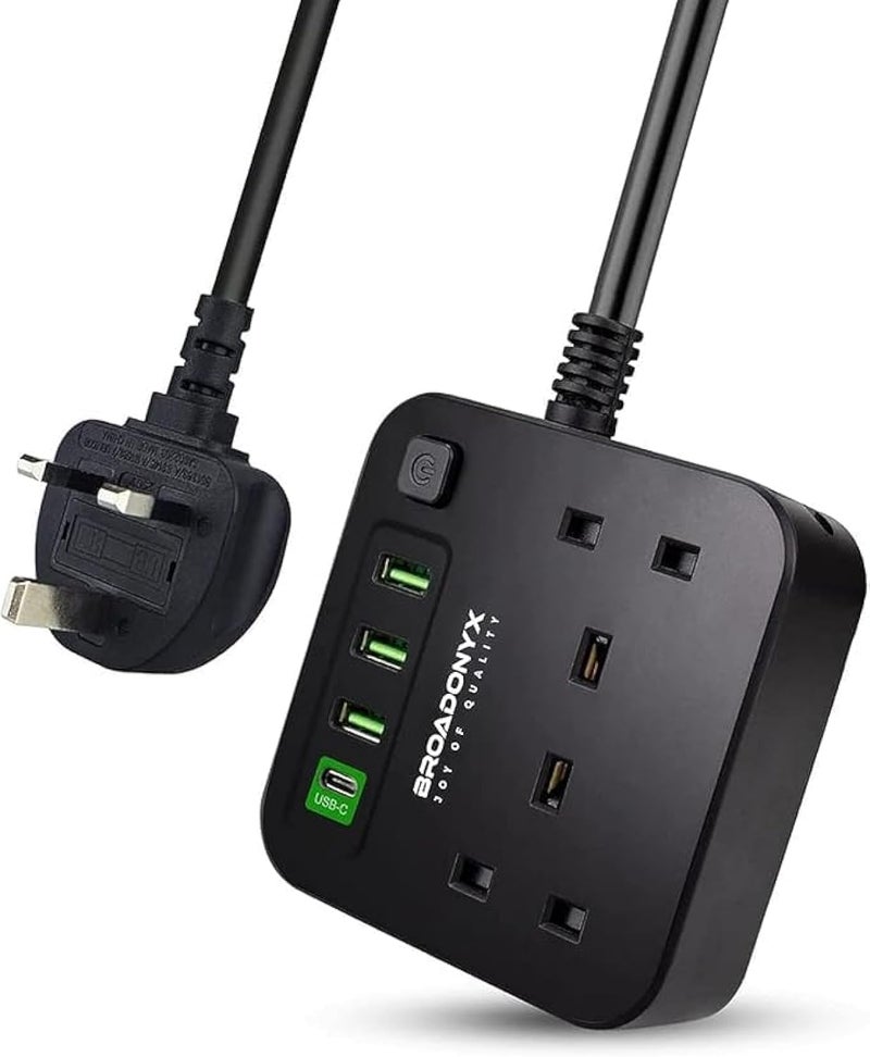 BROADONYX Extension cord Power Strip 30W type C Electrical Plug Sockets 2 Way USB-C 1.8M Extension Cord Black - Image 1