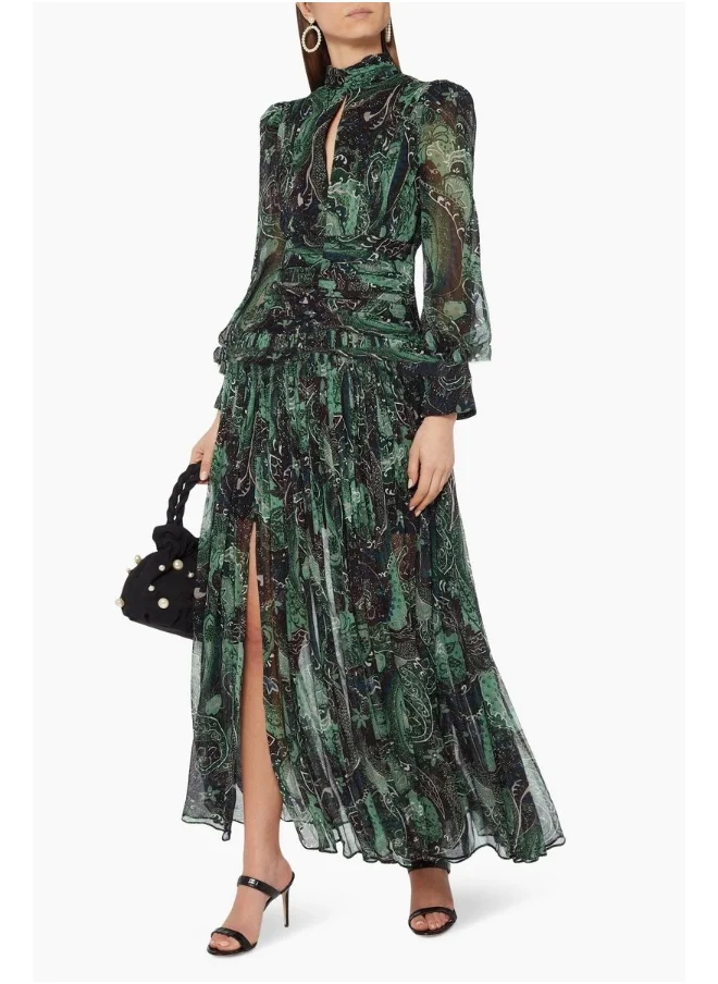 Madam Uniq Elegant Green Silk Floral High-Slit Maxi Dress for Beach Vacation