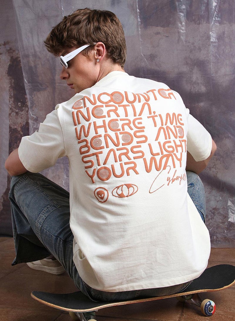 Hubberholme Men'S Off White 100% Cotton Printed Oversized T-Shirt - Image 2