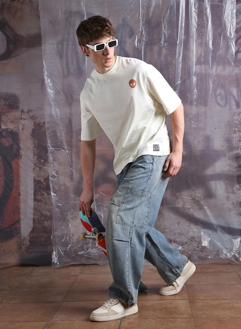 Men'S Off White 100% Cotton Printed Oversized T-Shirt