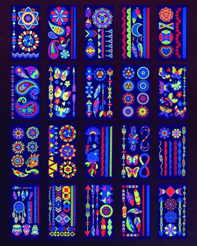 Ozepao 20 Sheets Glow in The Black Light Temporary Tattoos, Glow Party Supplies for Adults and Kids, 160+ Neon UV Glow Fluorescent Designs, Perfect for Neon Raves, Festivals, Birthday Parties and More - Image 1