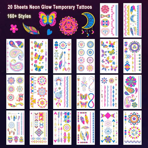 Ozepao 20 Sheets Glow in The Black Light Temporary Tattoos, Glow Party Supplies for Adults and Kids, 160+ Neon UV Glow Fluorescent Designs, Perfect for Neon Raves, Festivals, Birthday Parties and More - Image 2