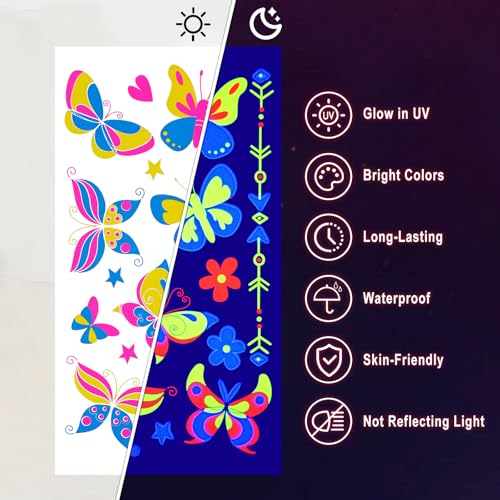 Ozepao 20 Sheets Glow in The Black Light Temporary Tattoos, Glow Party Supplies for Adults and Kids, 160+ Neon UV Glow Fluorescent Designs, Perfect for Neon Raves, Festivals, Birthday Parties and More - Image 3