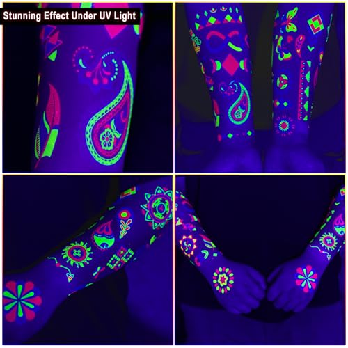 Ozepao 20 Sheets Glow in The Black Light Temporary Tattoos, Glow Party Supplies for Adults and Kids, 160+ Neon UV Glow Fluorescent Designs, Perfect for Neon Raves, Festivals, Birthday Parties and More - Image 4