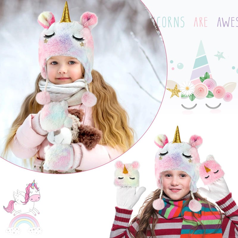 Hifot Unicorn Winter Hats and Gloves for Girls, Cute Fluffy Girls Earflap Beanie with Winter Mitten for Kids - Image 5