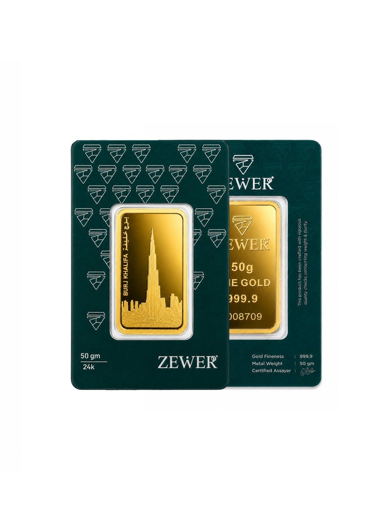 Zewer 50g 24 Karat (999.9) Fine Gold Bar - Burj Khalifa Design - Image 3