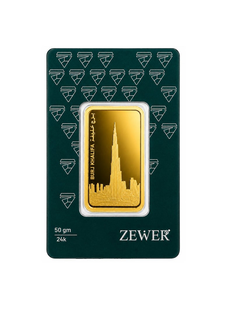 Zewer 50g 24 Karat (999.9) Fine Gold Bar - Burj Khalifa Design - Image 2