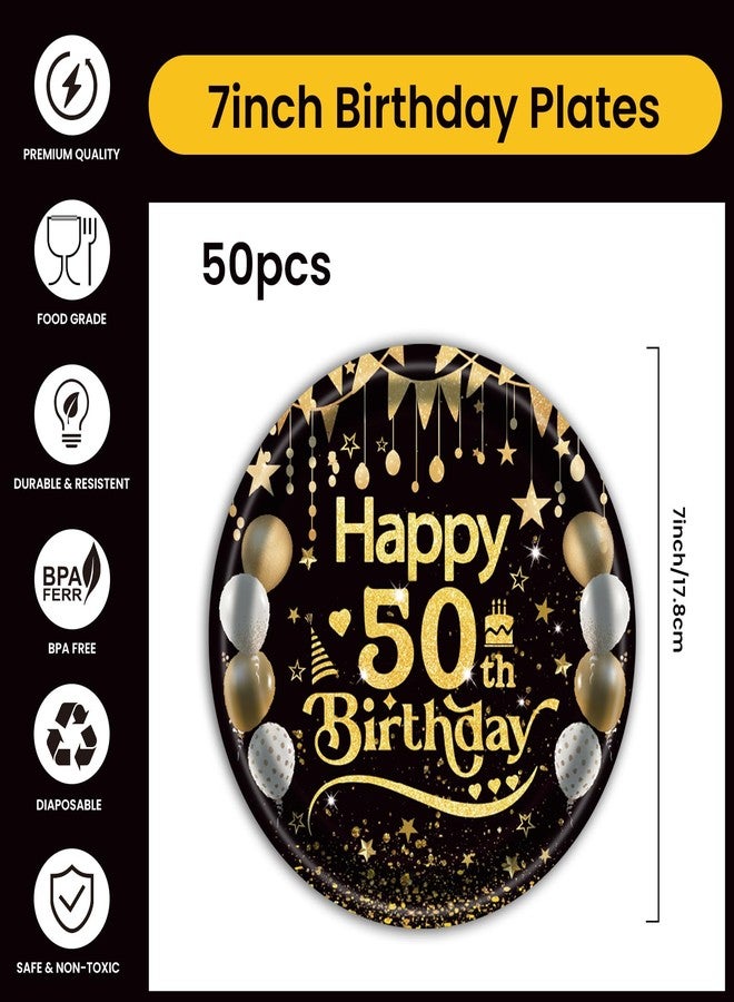 EVYIENEN 50Pcs 50th Birthday Party Paper Plates,7inch Disposable Black and Gold Dessert Party Plates Party Decorations for Men Woman 50th Happy Birthday Wedding Party Supplies - Image 2