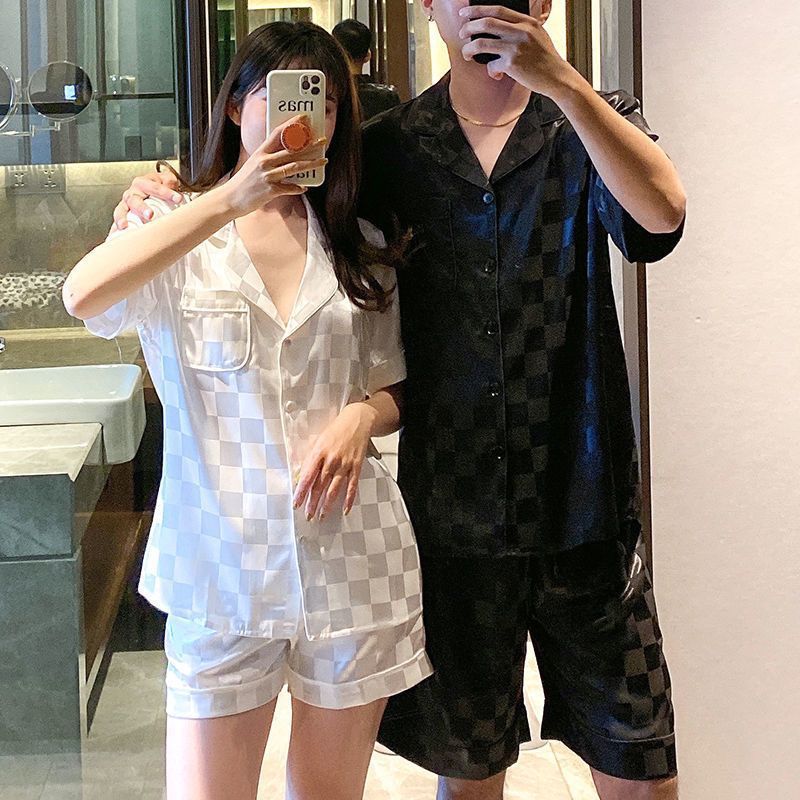 Plaid Couple Pajamas Men And Women Summer Ice Silk Short Sleeve Can Be Worn Outside 2023 Artificial Silk Plus Size Homewear Suit - Image 2