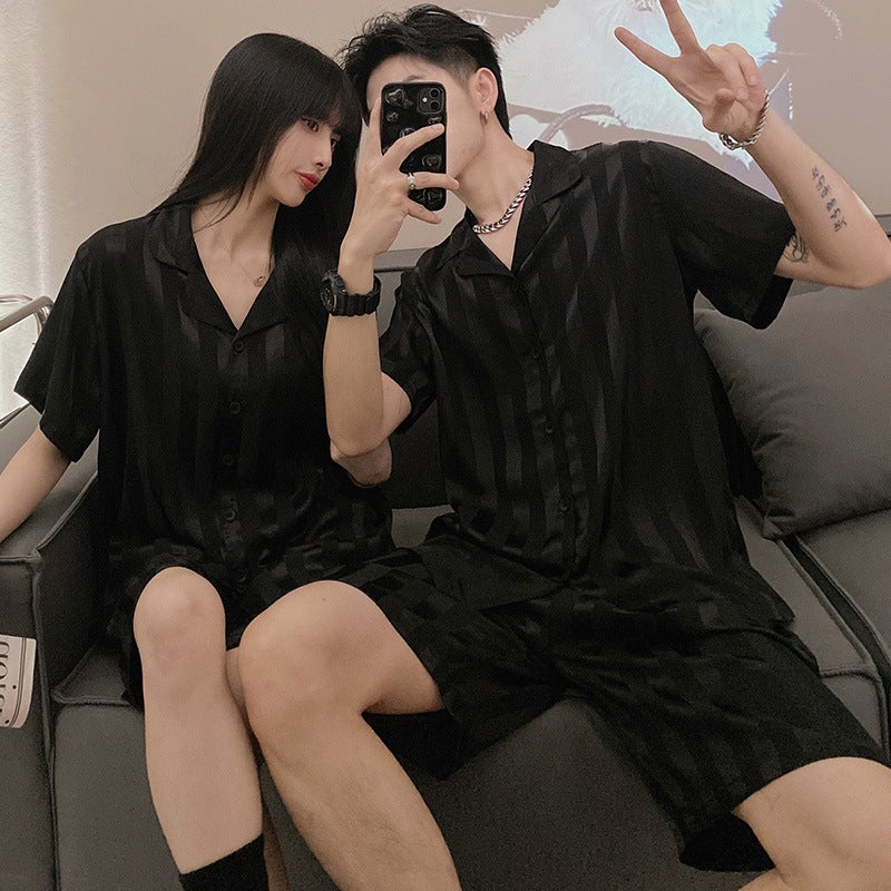Plaid Couple Pajamas Men And Women Summer Ice Silk Short Sleeve Can Be Worn Outside 2023 Artificial Silk Plus Size Homewear Suit - Image 3